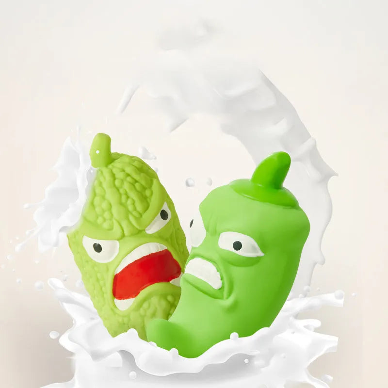 Bitter Gourd and Chili shaped dog toys with bite-resistant surfaces for teeth grinding.