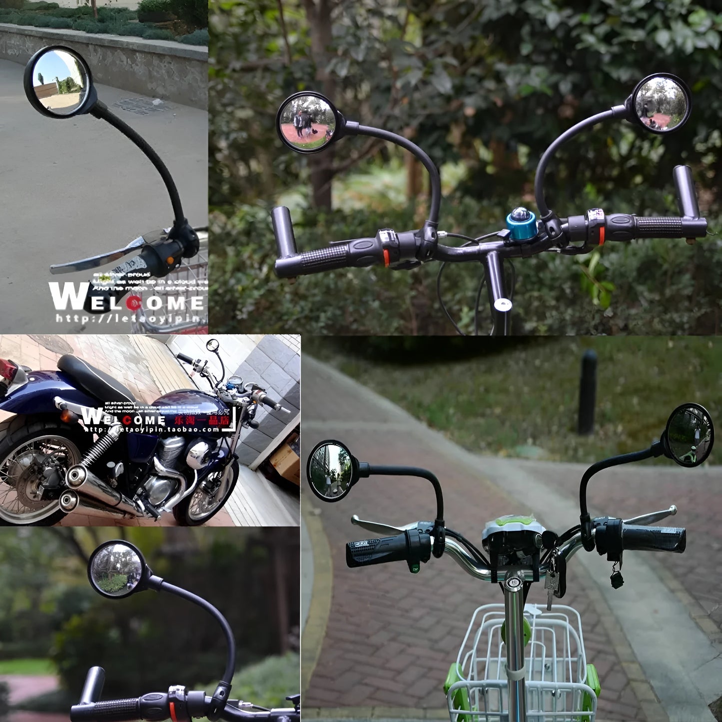Black metal bicycle rearview mirror with hose clamp adjustment mounted on helmet, two-pack configuration