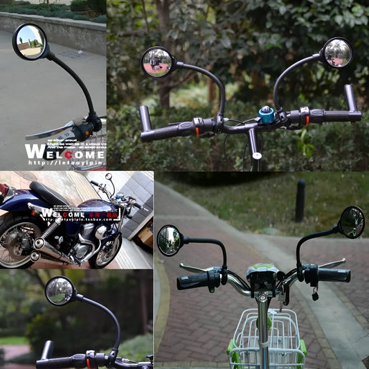 Black metal bicycle rearview mirror with hose clamp adjustment mounted on helmet, two-pack configuration