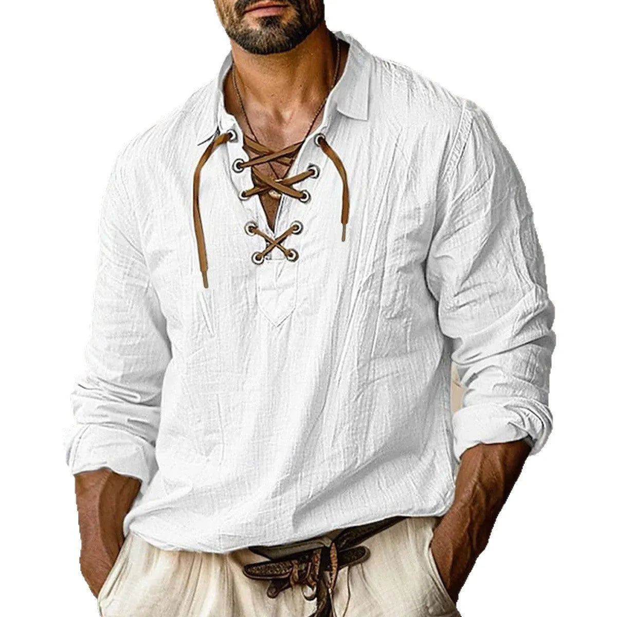 Men's plus size lapels lace shirt in linen blend fabric, loose fit, long sleeves, solid colour options