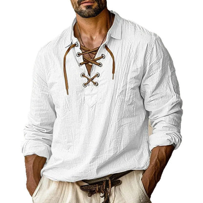 Men's plus size lapels lace shirt in linen blend fabric, loose fit, long sleeves, solid colour options
