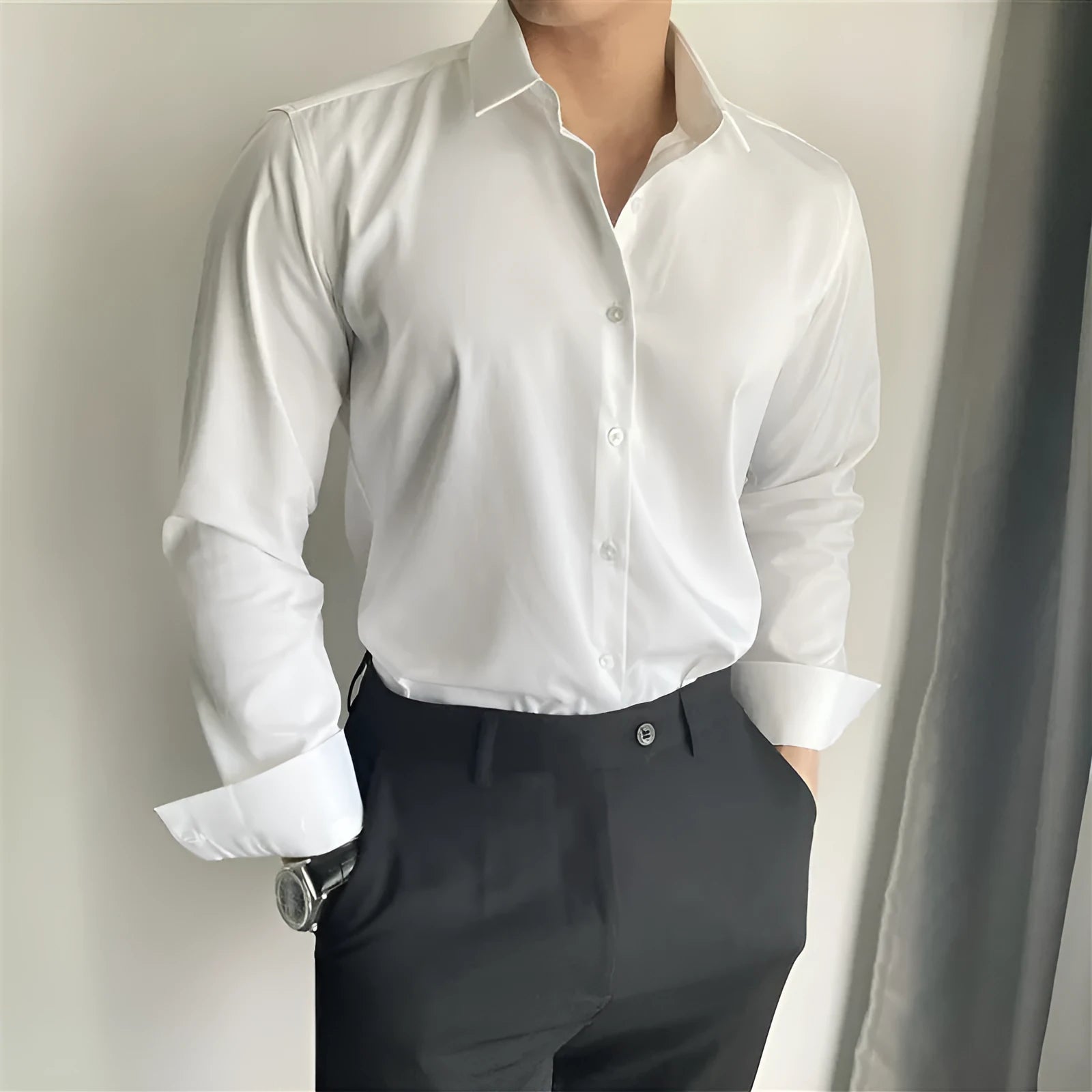 Men's slim fit long sleeve casual shirt in a solid colour, shown in a cardigan style.