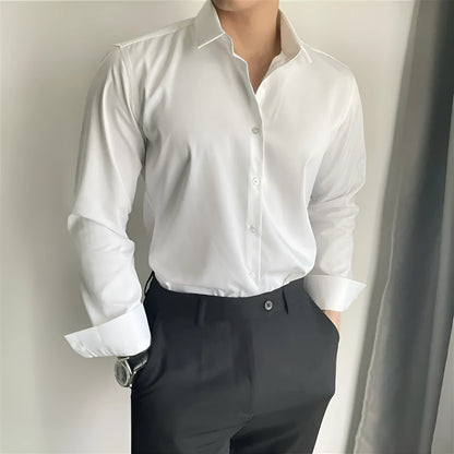 Men's slim fit long sleeve casual shirt in a solid colour, shown in a cardigan style.
