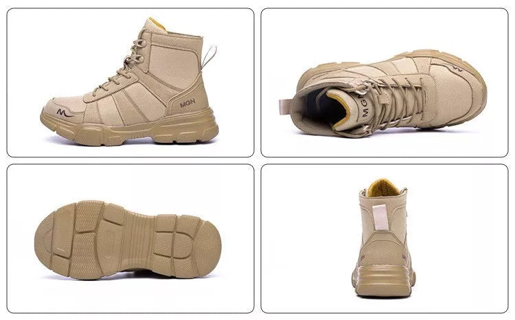 High-top protective shoes with steel toe and anti-puncture sole in black and beige