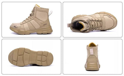 High-top protective shoes with steel toe and anti-puncture sole in black and beige