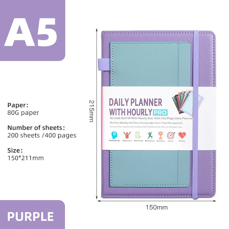PU leather no date notebook open showing undated strap layout and thread binding, in purple colour.