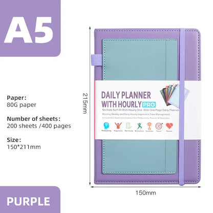 PU leather no date notebook open showing undated strap layout and thread binding, in purple colour.