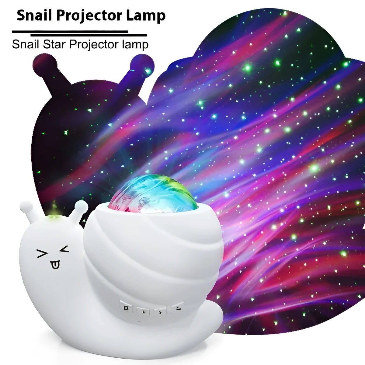 Snail-shaped blue starry sky projection lamp with USB cable and remote control on a table