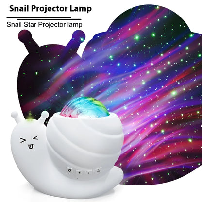 Snail-shaped blue starry sky projection lamp with USB cable and remote control on a table