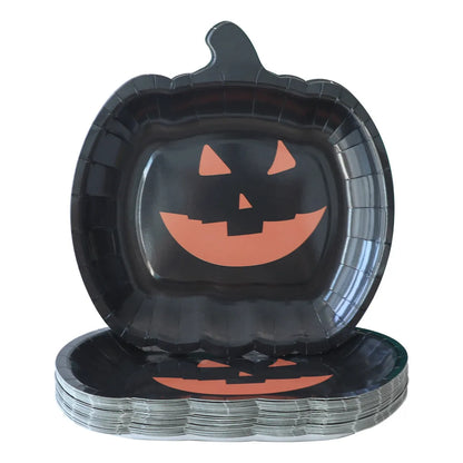 Black pumpkin design disposable paper plates for Halloween, 9-inch diameter