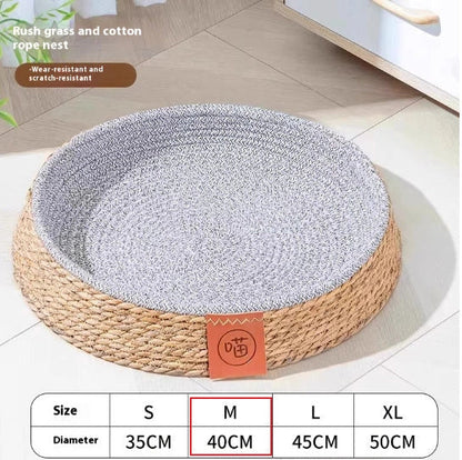 Woven rattan cat nest showing open construction for airflow, available in multiple sizes