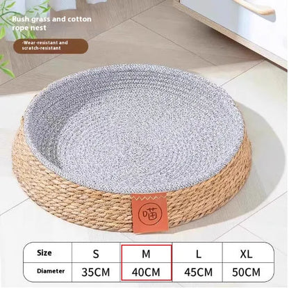 Natural rattan woven cat nest bed, available in four sizes, shown as a breathable basket-style pet bed.