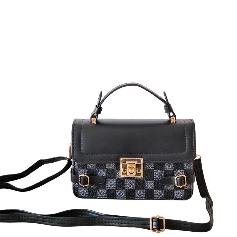 Retro square pattern crossbody bag in apricot colour showing 19.5x7.5x12cm dimensions and adjustable shoulder strap