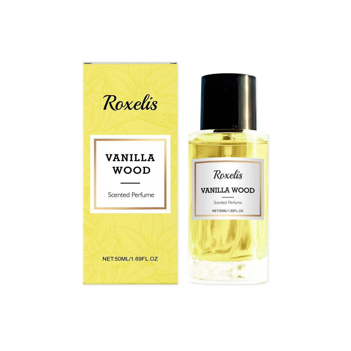50ml glass spray bottle of vanilla, ebony bark, and musk extract perfume.