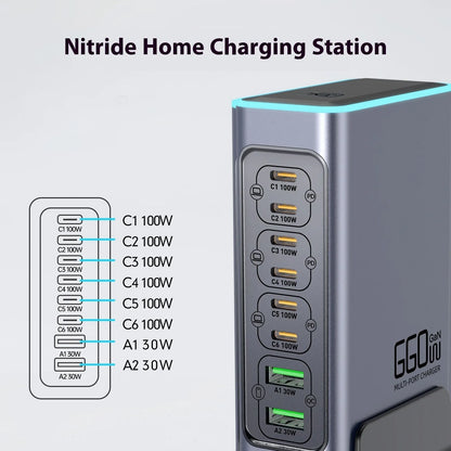 Gallium Nitride 660W desktop charger with four TYPE-C ports showing UK plug configuration and compact 10.5cm dimensions