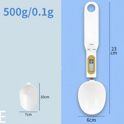Digital kitchen spoon scale showing measurement display and USB charging port