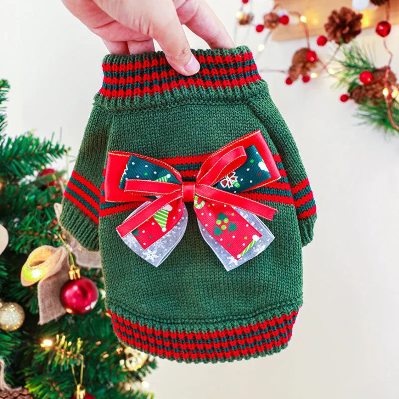 Red and green dog Christmas jumper showing festive design with size guide for dogs 1-9kg