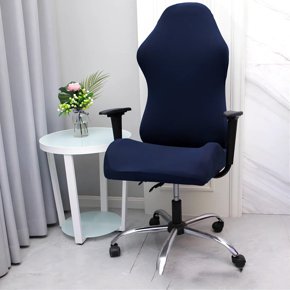 Stretch fabric gaming chair cover in navy blue colour on swivel chair