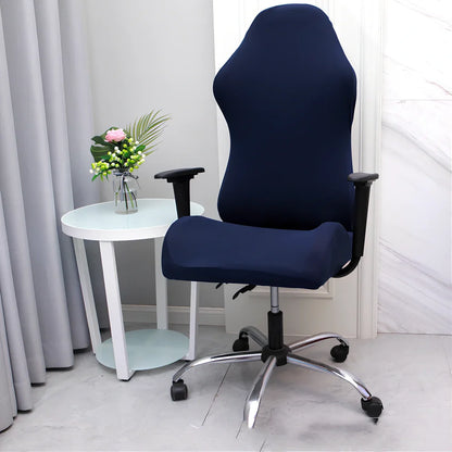 Stretch fabric gaming chair cover in navy blue colour on swivel chair