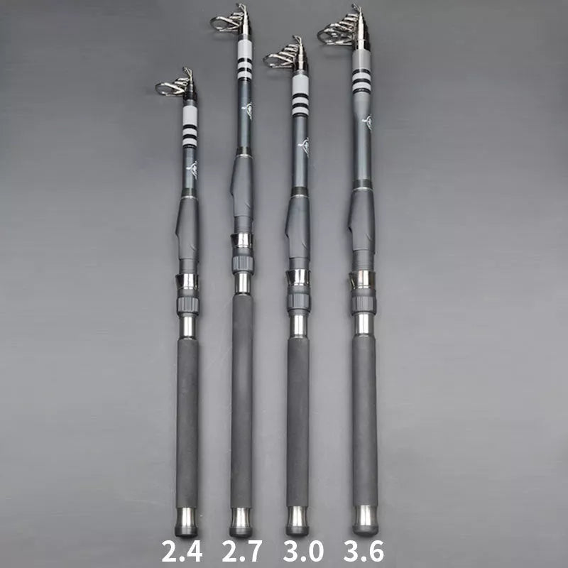 Stainless Steel Retractable Long-range Fishing Rod in black, lengths 2.4m to 3.6m