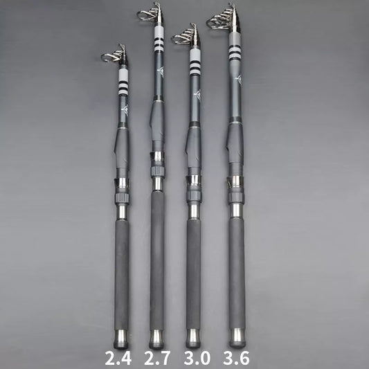 Stainless Steel Retractable Long-range Fishing Rod in black, lengths 2.4m to 3.6m
