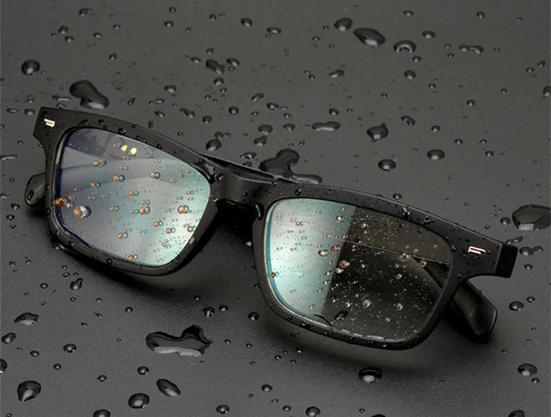 Smart glasses with semi-open Bluetooth audio, anti-blue light lenses, and IPX7 waterproof rating on a person