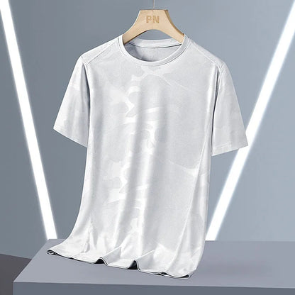 Men's loose fit camouflage nylon short sleeve summer top on a hanger