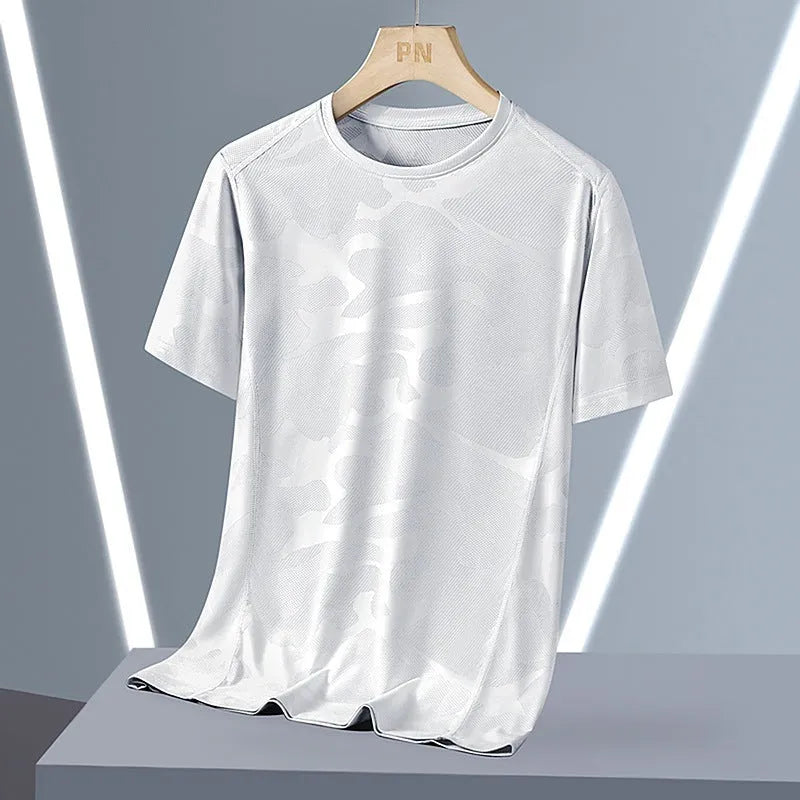 Men's summer top round neck short sleeve plus size camouflage loose fit nylon quick-drying breathable casual tee shirt in Army Green, Black, Dark Gray, White, or Blackish Green available in sizes M to 6XL