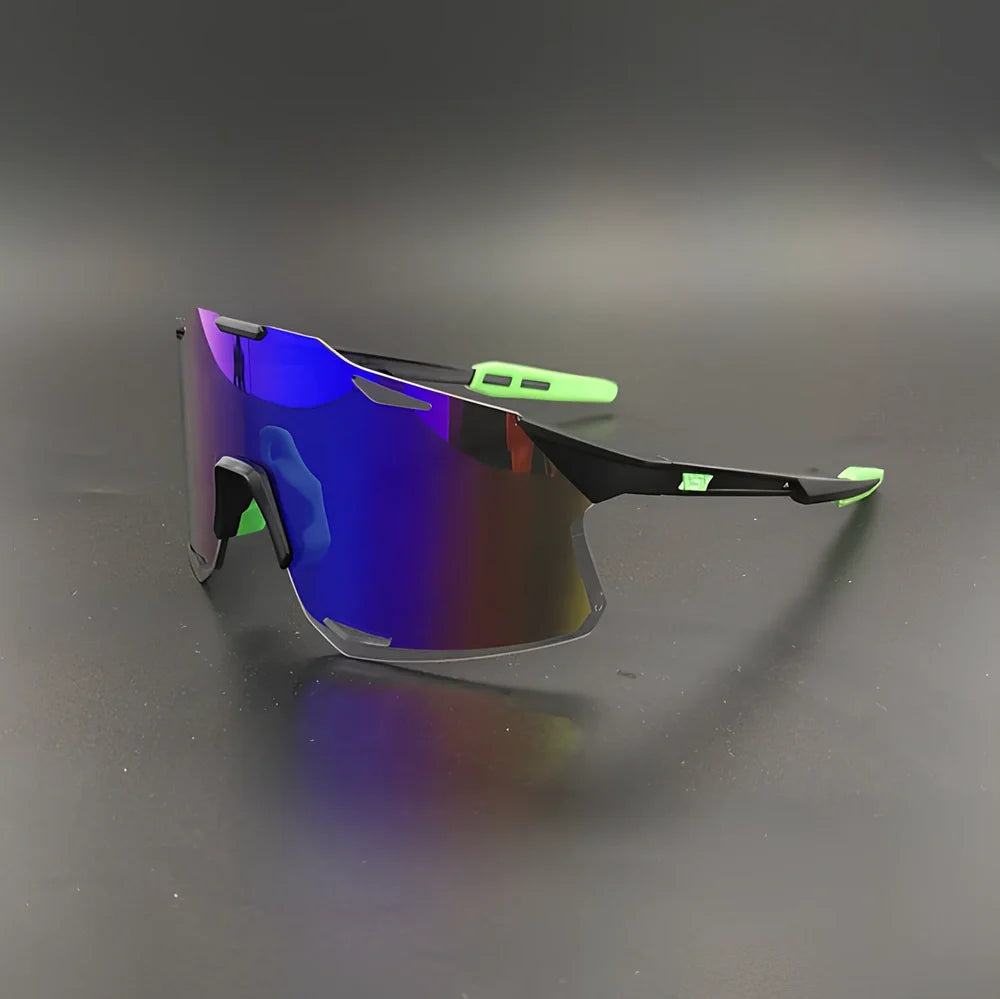 Cycling glasses with interchangeable lenses showing UV400 protection and lightweight frame design