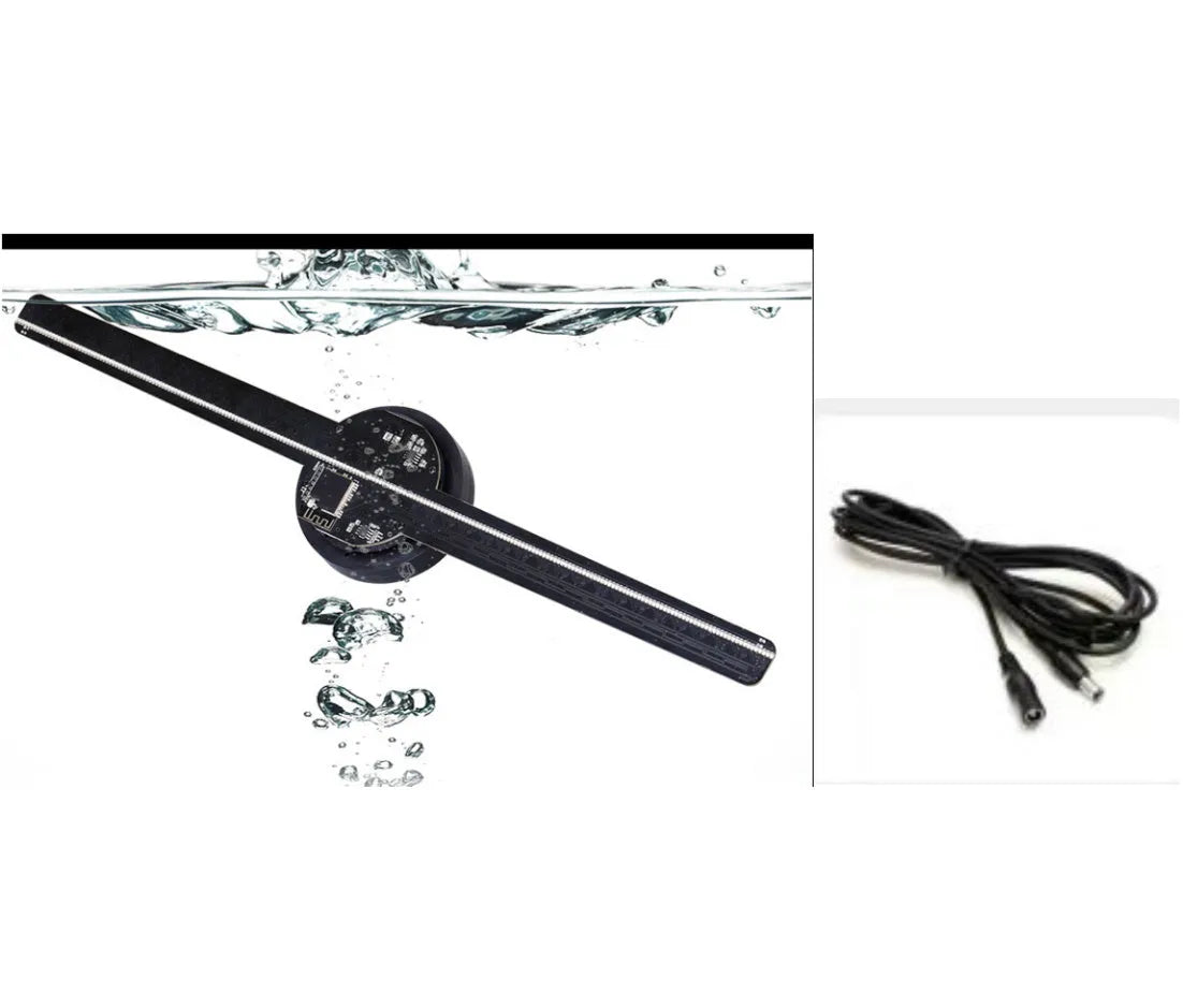 Black naked eye 3D holographic LED fan screen display unit on a floor stand.