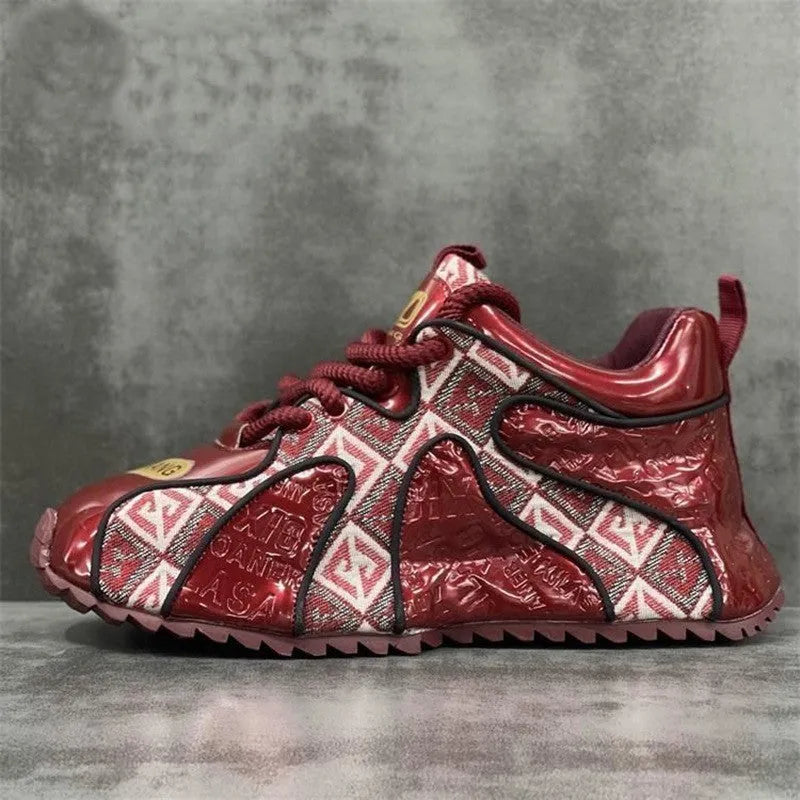Men's embroidery stitch platform casual shoes in scarlet colour with round toe and lace-up front