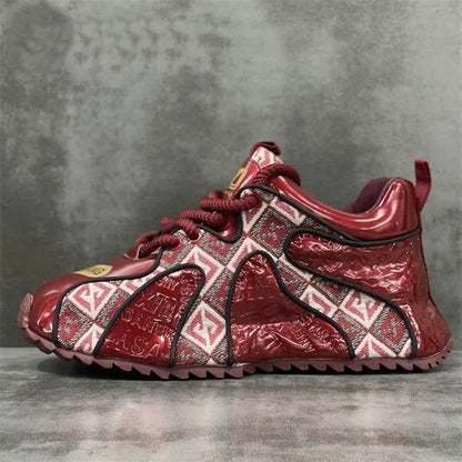 Men's embroidery stitch platform casual shoes in scarlet colour with round toe and lace-up front