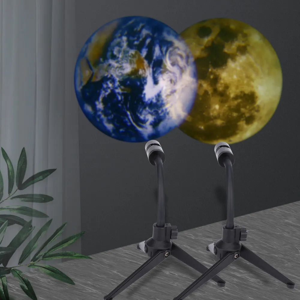 A star projector lamp showing an earth projection on a wall, with its flexible hose bracket allowing adjustable angles.