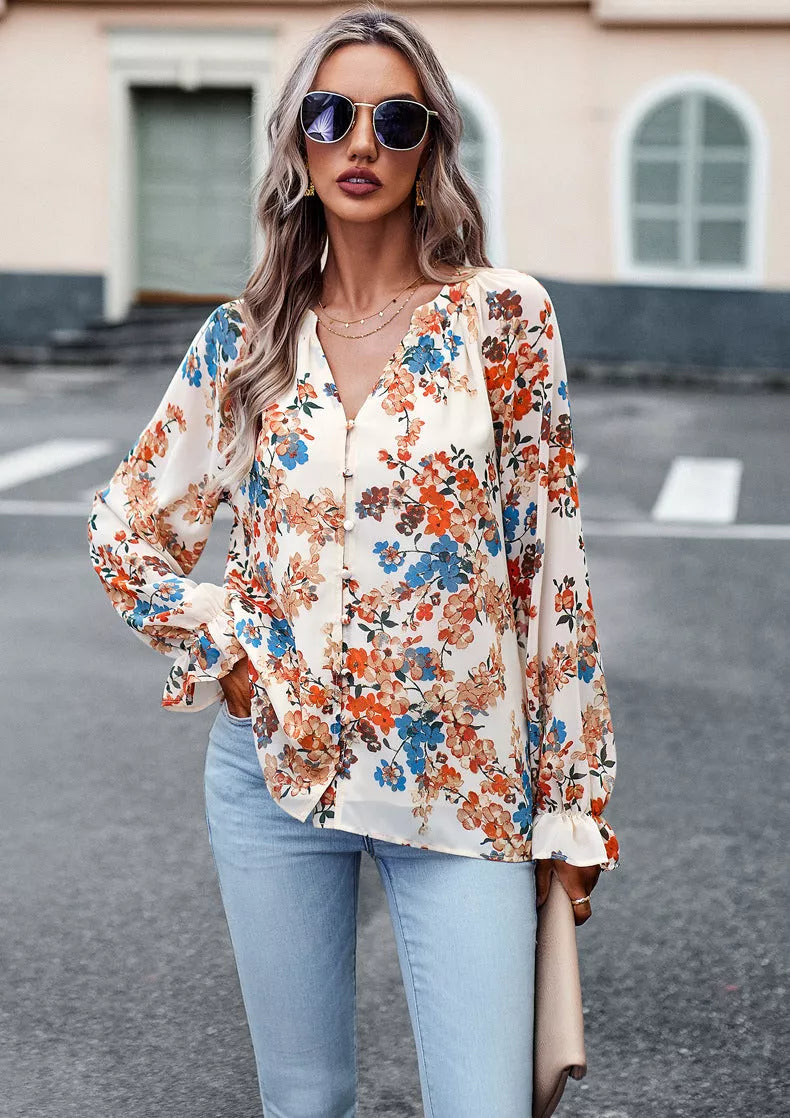 Women's floral print V-neck long sleeve chiffon blouse in black, blue, and apricot