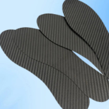 A pair of flat, black 3K full palm carbon fibre running insoles showing the textured weave.
