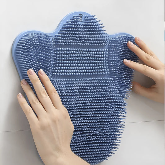 Blue silicone bath massage mat for back exfoliation measuring 31 by 32 centimetres