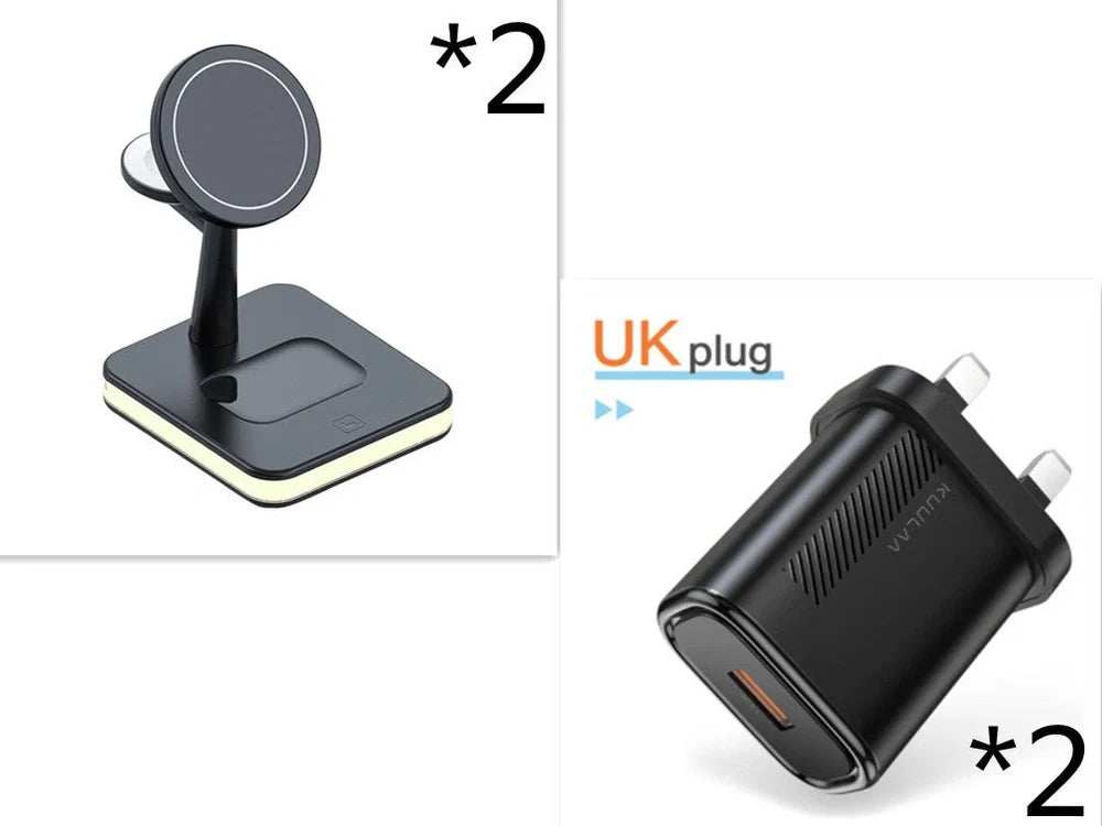 Black three-in-one wireless charger magnetic bracket on a desk charging multiple devices