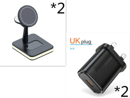 Black three-in-one wireless charger magnetic bracket on a desk charging multiple devices