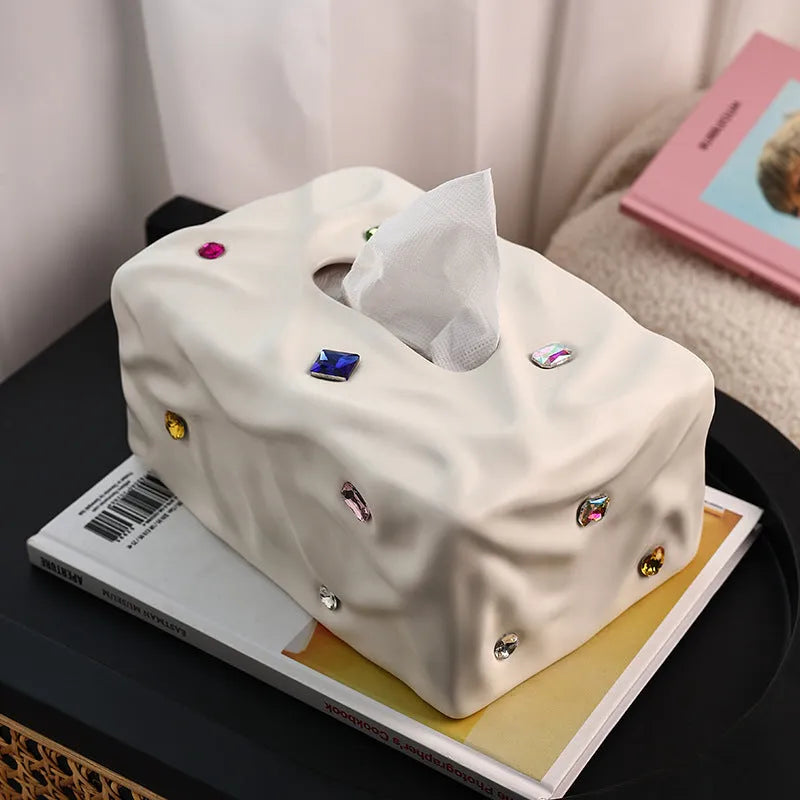 Ceramic tissue box with gem party design in matte white or silver finish