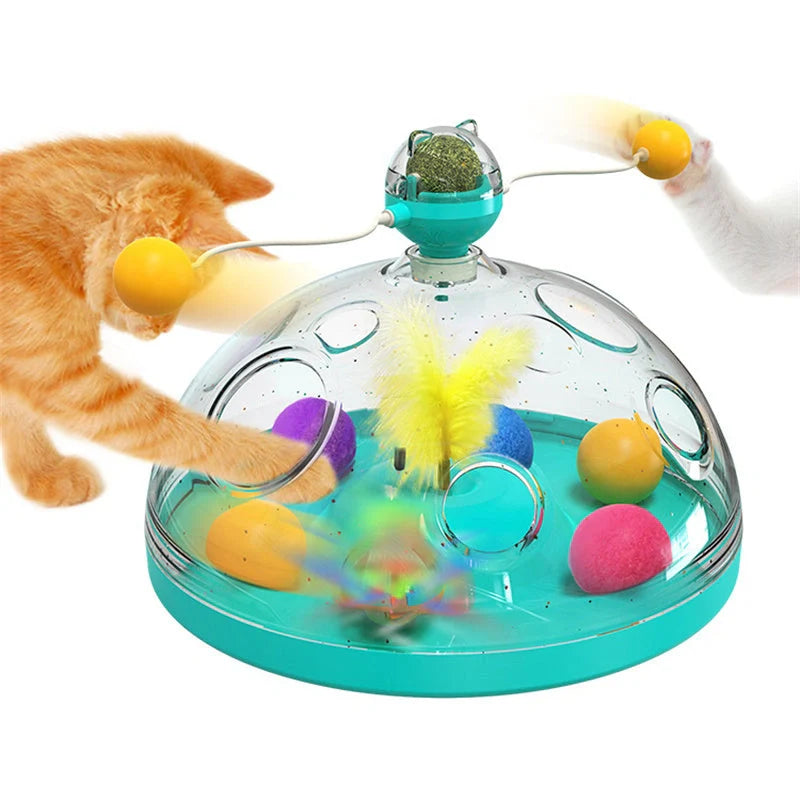 Interactive cat toy with twirling sticks and luminous catnip ball