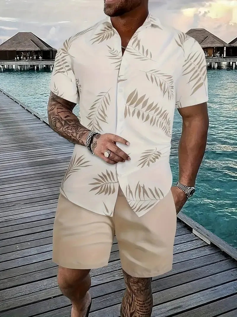 Men's Hawaii 3D printed short sleeve suit with textured patterns on polyester fabric