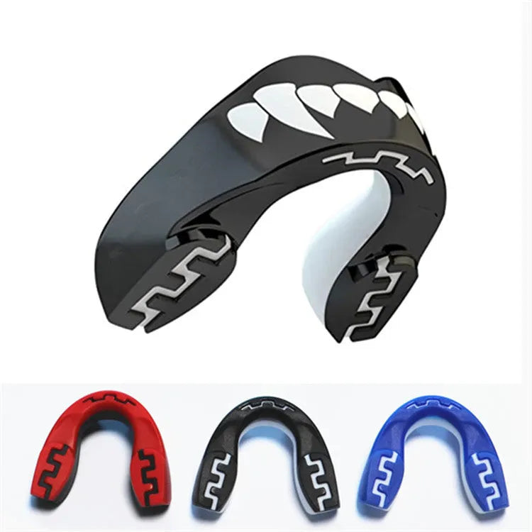 Custom mouldable boxing mouthguard with tooth socket design in black and white colour for adult combat sports.