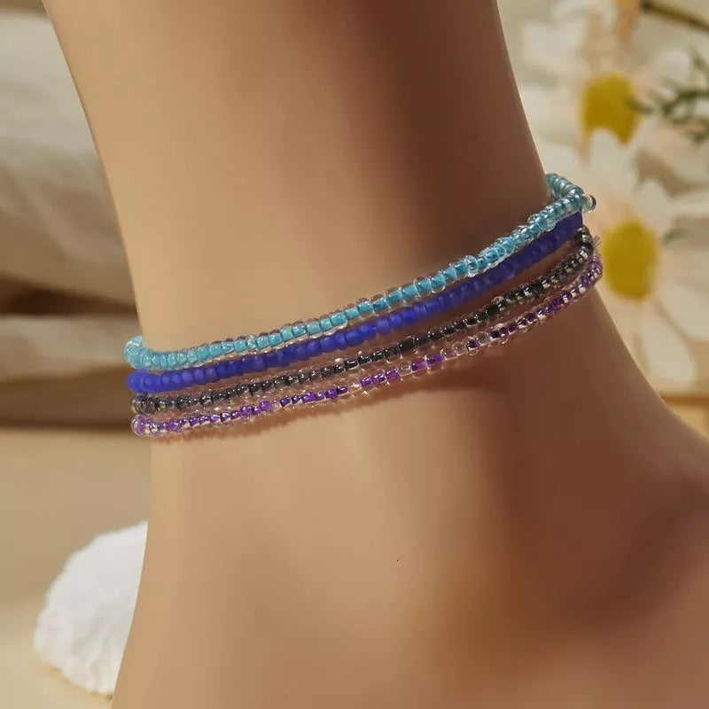 Luminous Bead Colored Beaded Anklet Bracelet with alloy inlay in purple blue and yellow green