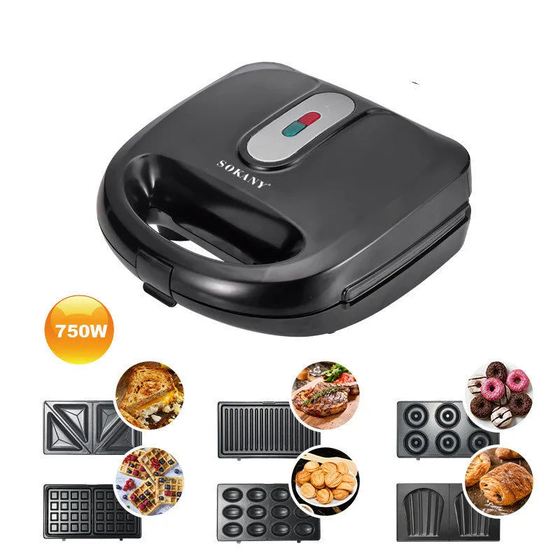 Black double-sided heating electric sandwich pan with brushed stainless steel top cover and non-stick coating.