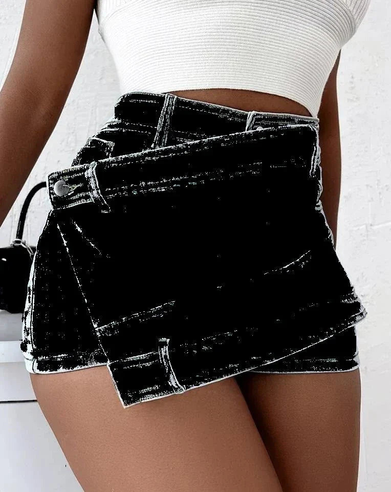 Stylish Y2K-inspired denim shorts with an asymmetrical hemline, high-waist design, and stretch fabric for a flattering fit