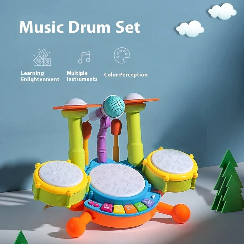 Yellow plastic children's hand-tapping drum toy with electronic sound activation