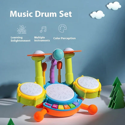 Yellow plastic children's hand-tapping drum toy with electronic sound activation