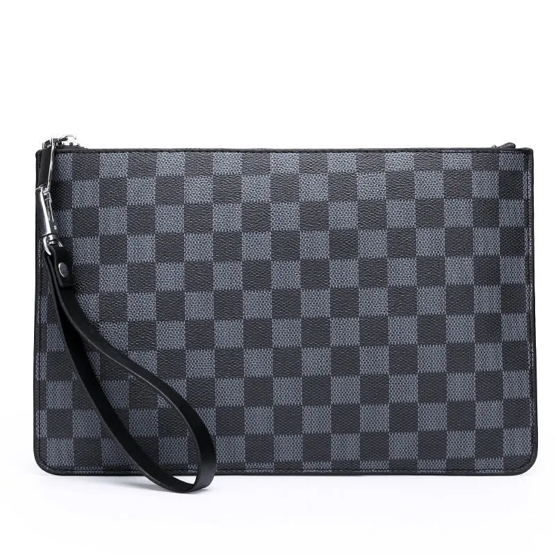 Men's black checkered PU leather clutch wallet open, showing six card slots and a central zippered pocket.