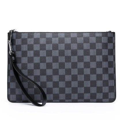 Men's black checkered PU leather clutch wallet open, showing six card slots and a central zippered pocket.