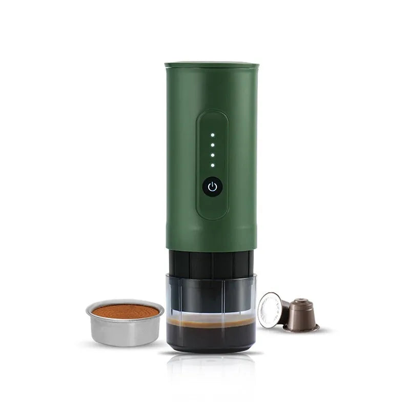 Portable stainless steel coffee machine with car charger cable in moonlight white colour